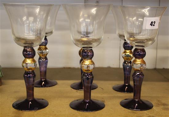 Set 6 blue lustre stemmed wine glasses